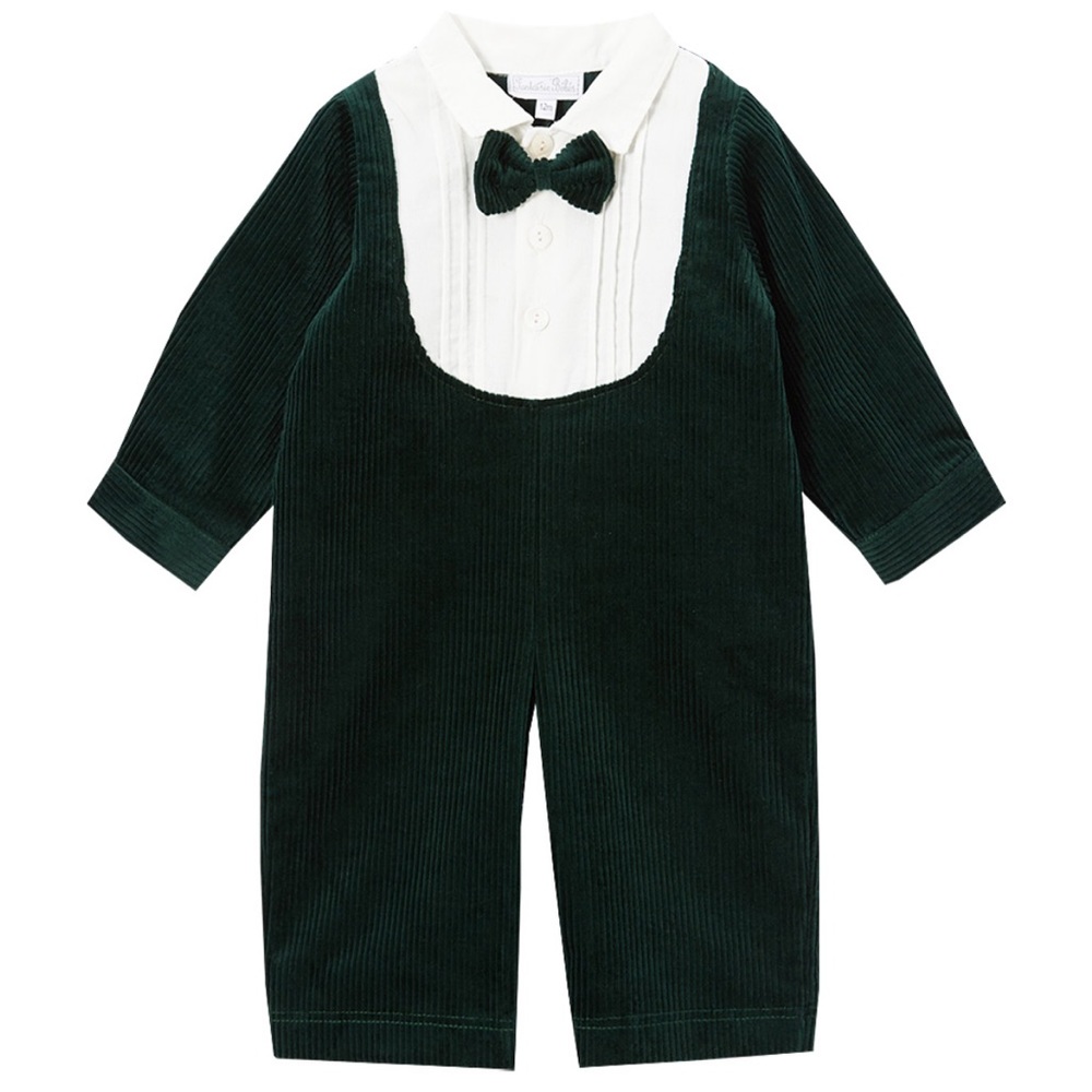 Bowtie Tuxedo Green Corduroy Romper